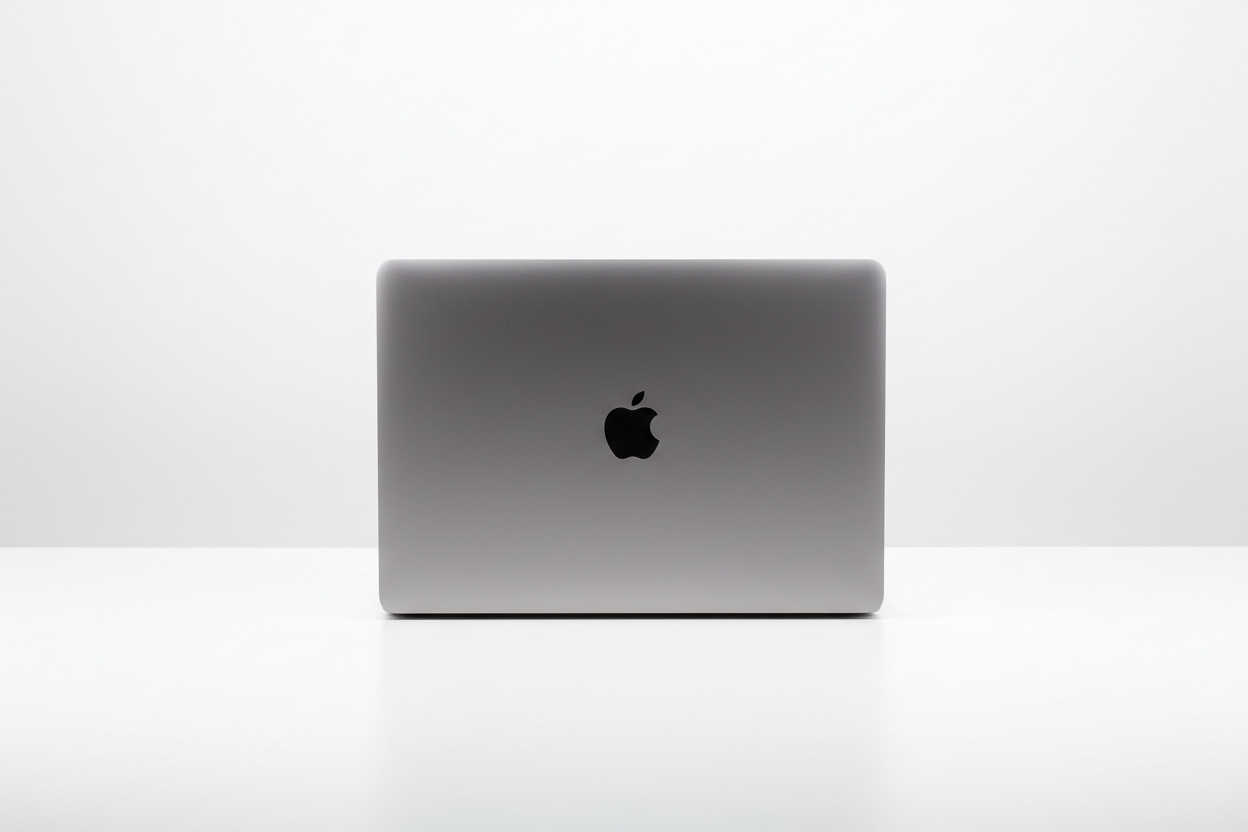 Image of macbook pro m1 sitting on plain white desk, there should be nothing in the image apart from the laptop, the background should also be plain white