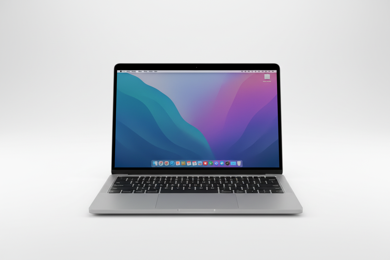 Real life precise image of MacBook Pro M1 with a white plain background facing straight